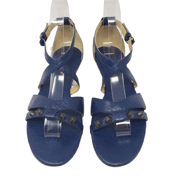 Balenciaga Dark Blue Leather Sandals Size 38 US 7.5 Ankle Strap Studded Flats - Picture 6 of 11